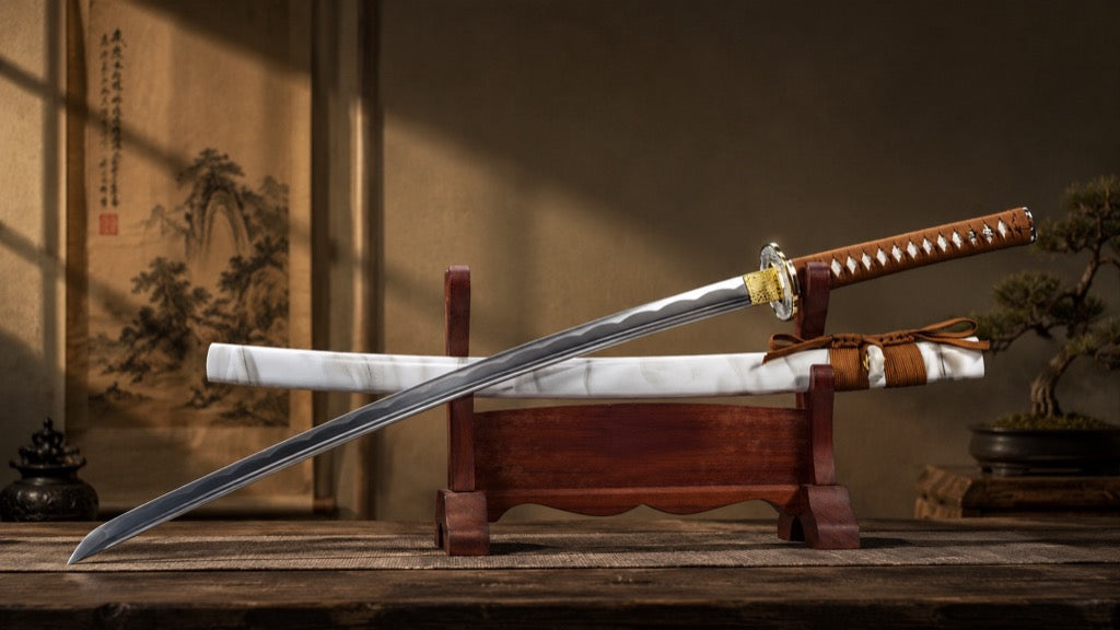 Katana displayed on wooden stand with traditional Japanese decor - KAGEFORGE5 Clay Rune