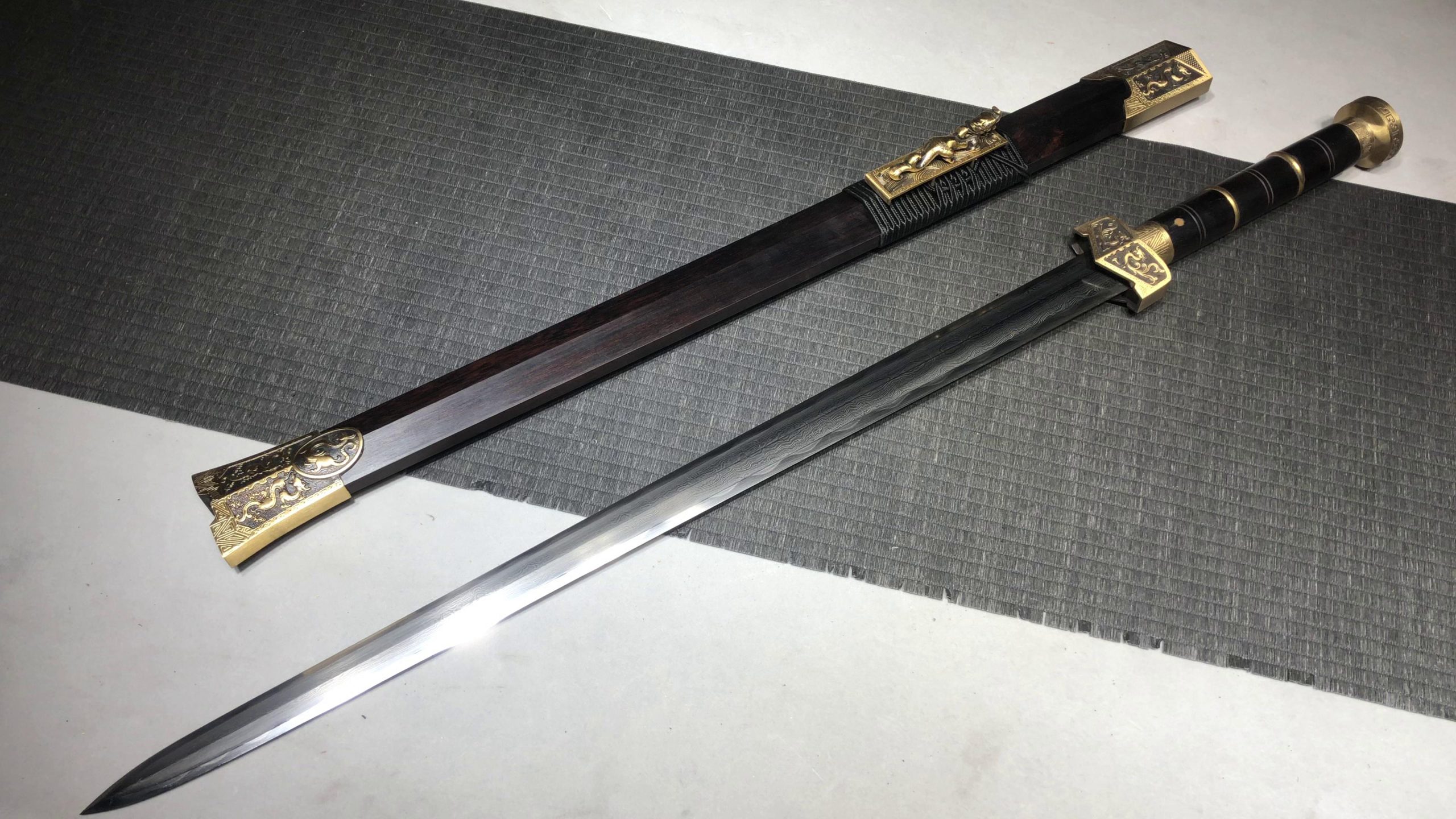 KageForge5 product image: 24" Pattern Steel Japanese Sword with Pure Copper Fittings